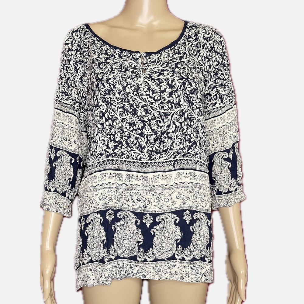 Floral Elephant Gauze ¾ Sleeve Poet Blouse Size 1X